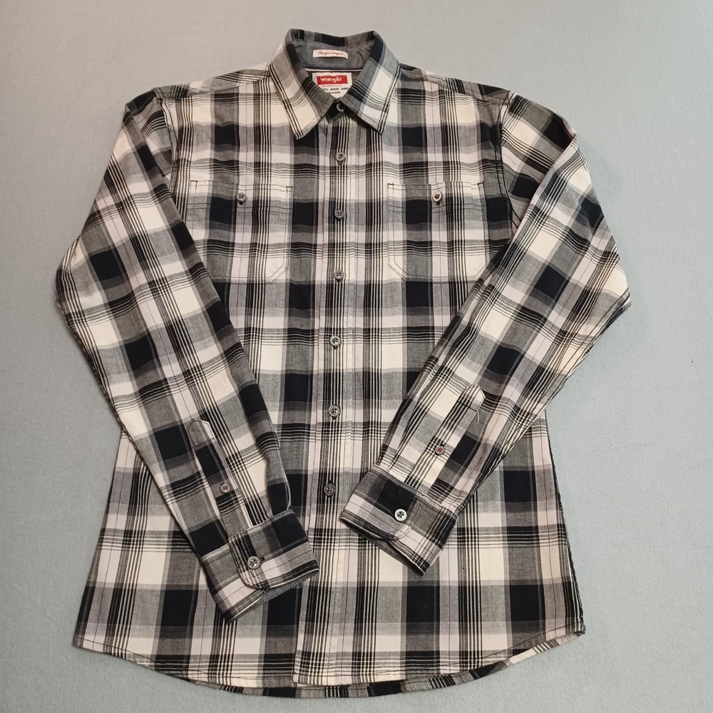 Wrangler Flex for Comfort Mens Small Black White Plaid Button Down Shirt JLP1SVA